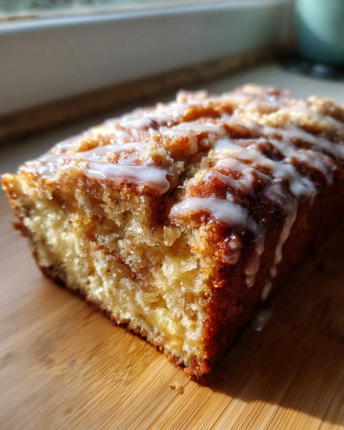 Close-up of a moist slice of apple cake featuring a crumb topping and white glaze drizzle.