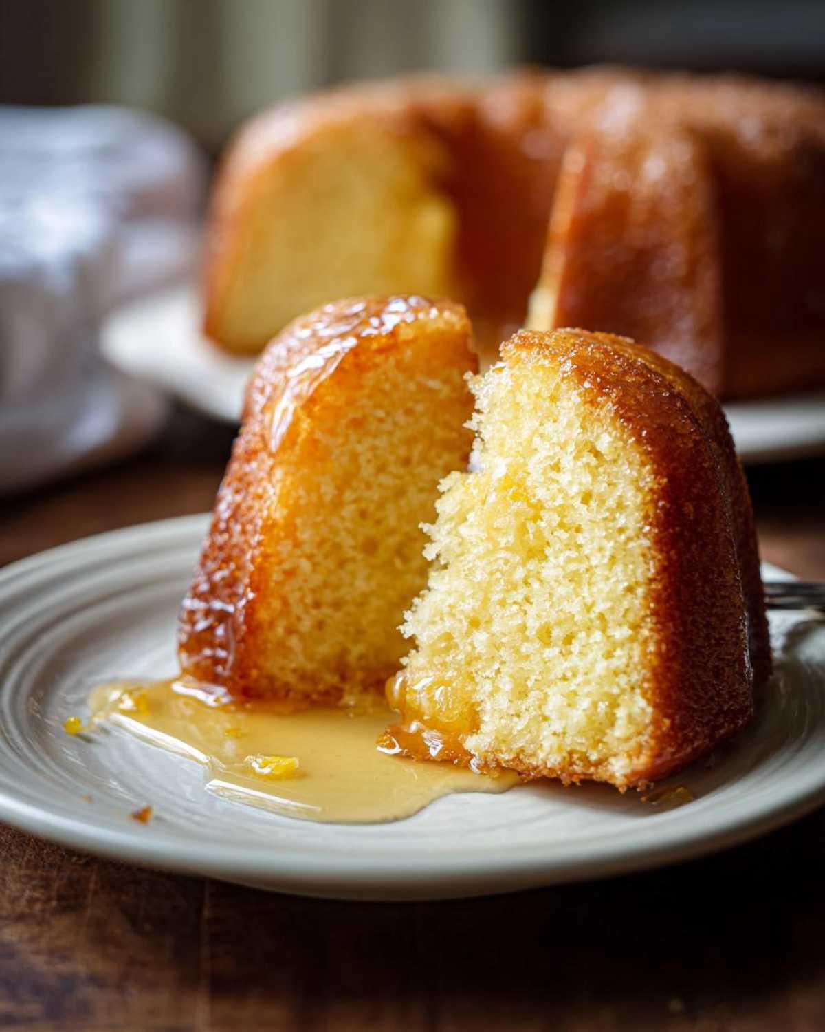 A close-up of a slice of moist olive oil cake, drizzled heavily with a golden syrup or glaze, sitting on a plate.