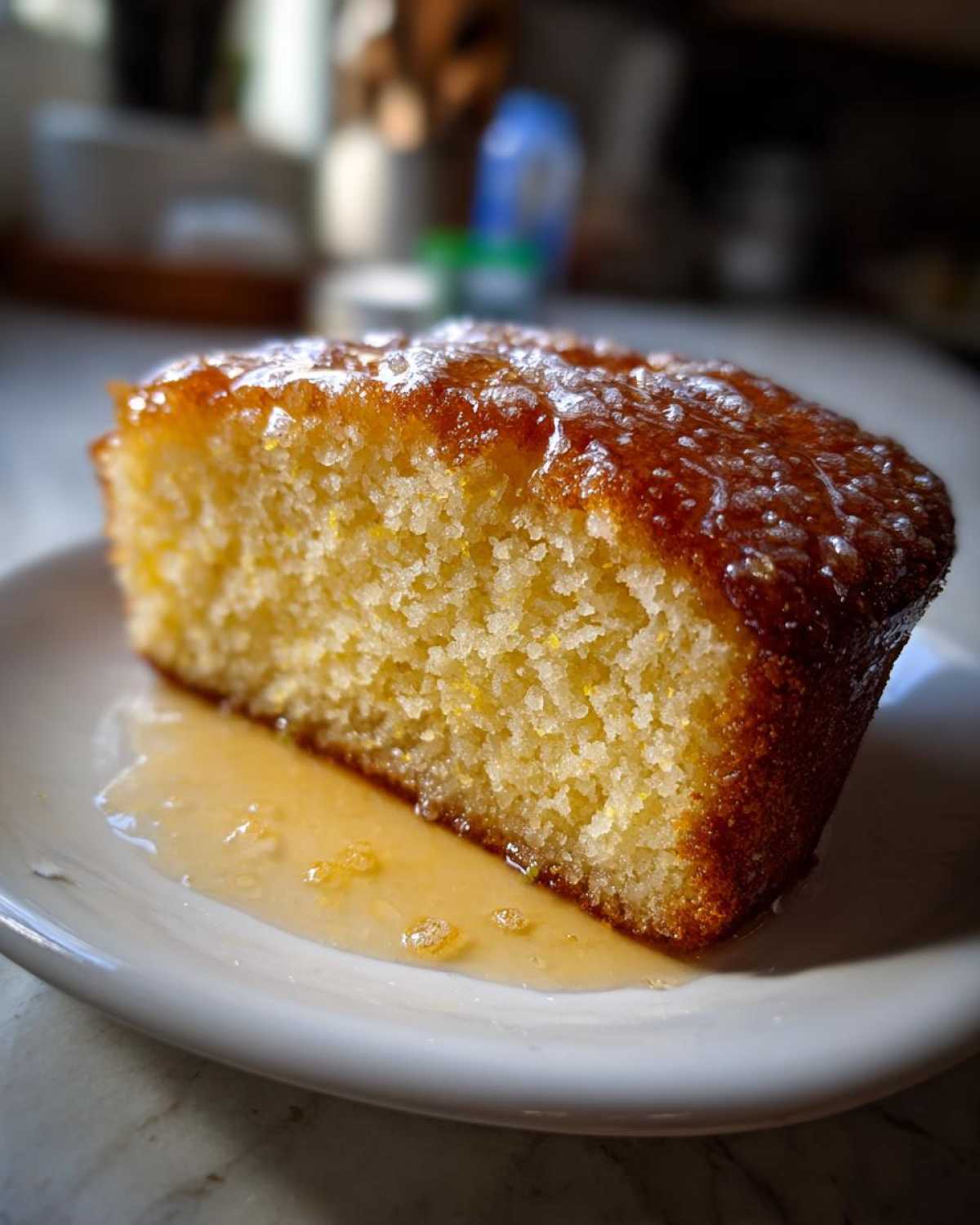 Close-up of a moist slice of golden olive oil cake topped with a shiny citrus glaze pooling slightly on the white plate.