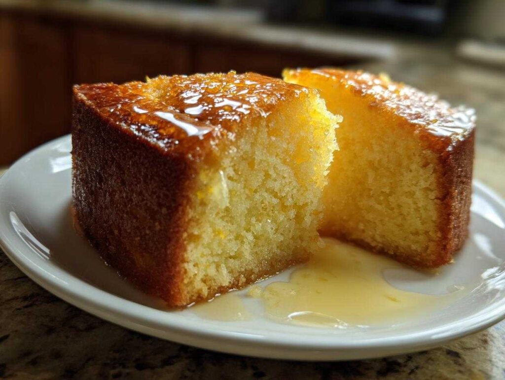 Two moist slices of golden olive oil cake, drizzled generously with a shiny syrup glaze, resting on a white plate.