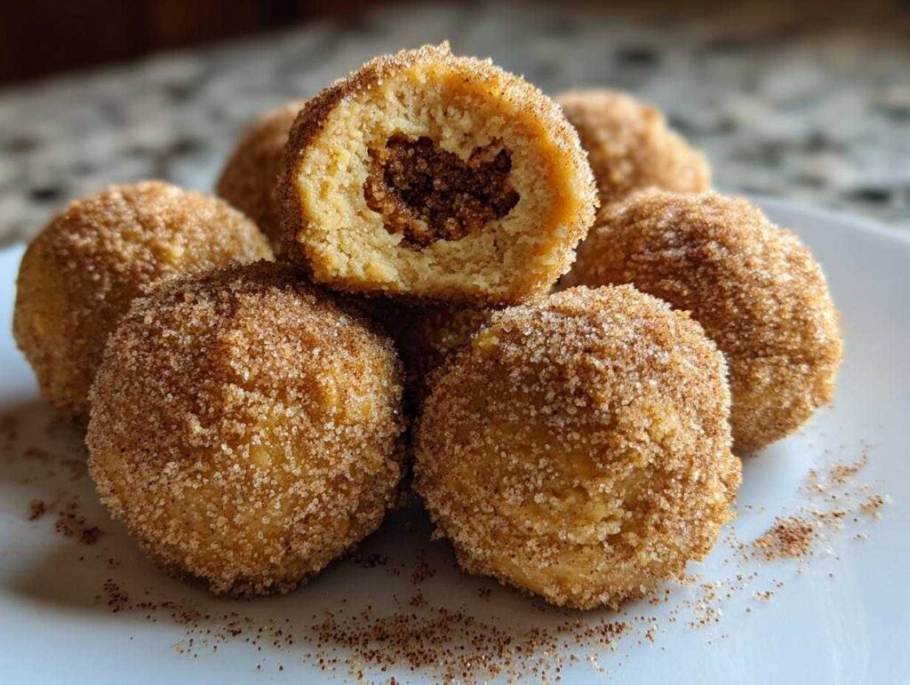 A close-up of no bake pumpkin cheesecake balls coated in cinnamon sugar, with one ball cut open to reveal a rich, dark center.