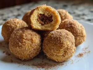 A close-up of no bake pumpkin cheesecake balls coated in cinnamon sugar, with one ball cut open to reveal a rich, dark center.