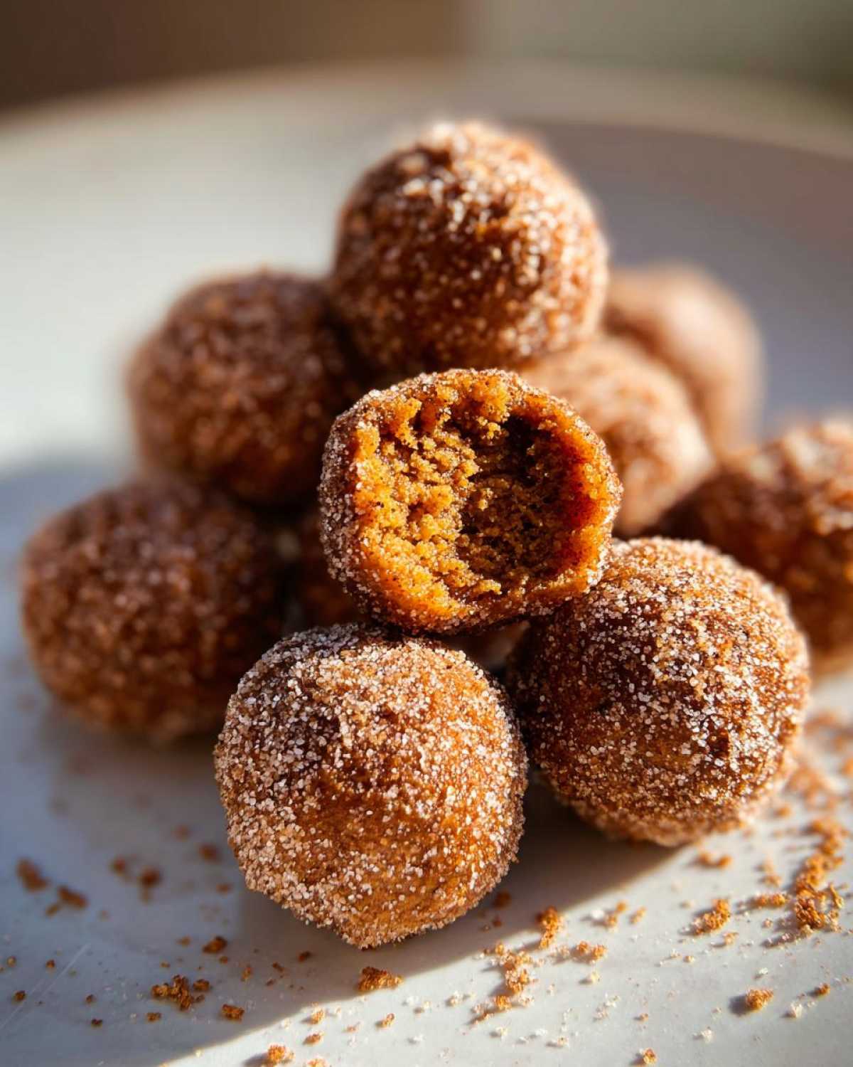 A close-up of no bake pumpkin cheesecake balls rolled in cinnamon sugar, with one ball broken open.