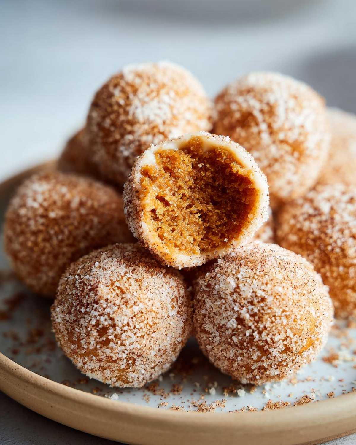 A close-up of no bake pumpkin cheesecake balls, one of which is broken in half to reveal the creamy interior.