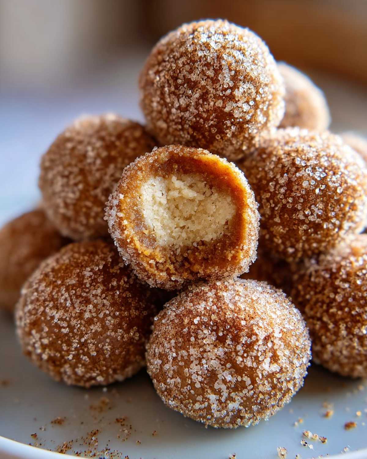 A close-up of a stack of no bake pumpkin cheesecake balls, one is broken open to show the creamy interior, coated in sugar and cinnamon.
