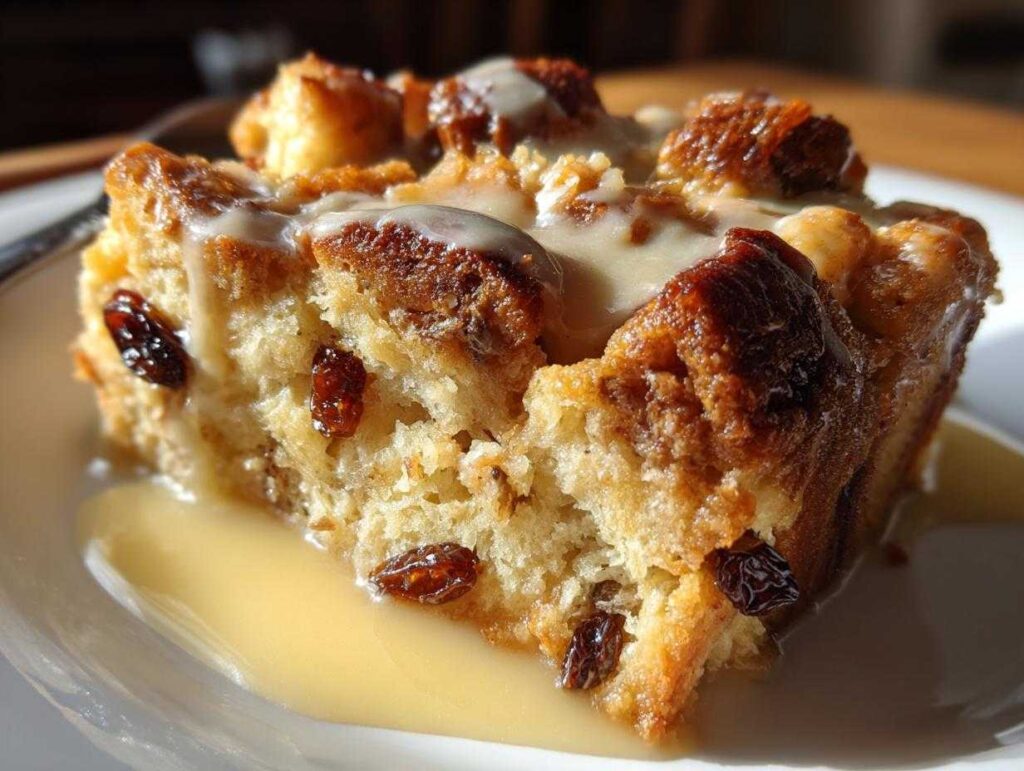 A close-up of a slice of old-fashioned bread pudding, studded with raisins and drizzled with a creamy sauce.