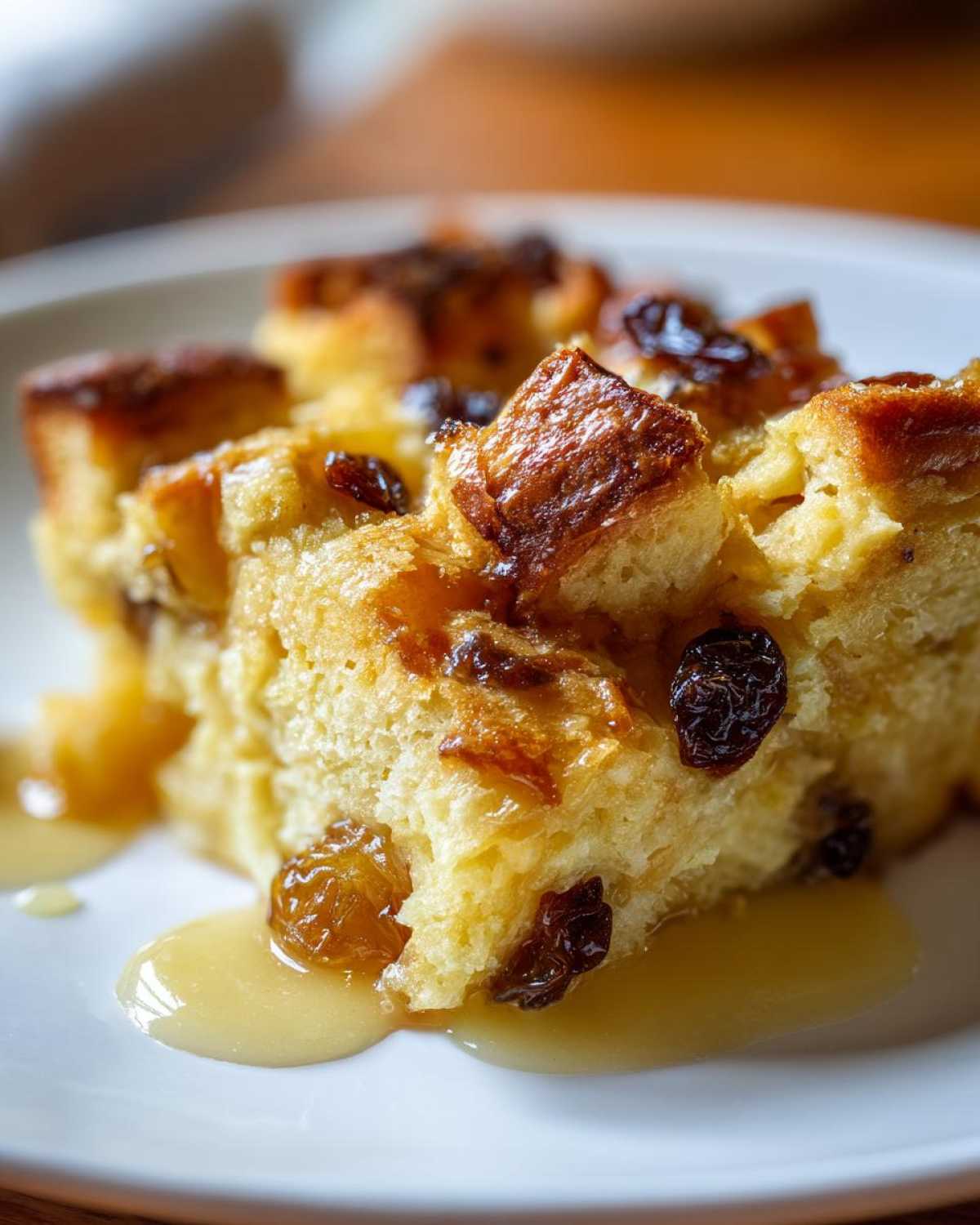 A close-up of a slice of old-fashioned bread pudding, studded with raisins and drizzled with sauce.