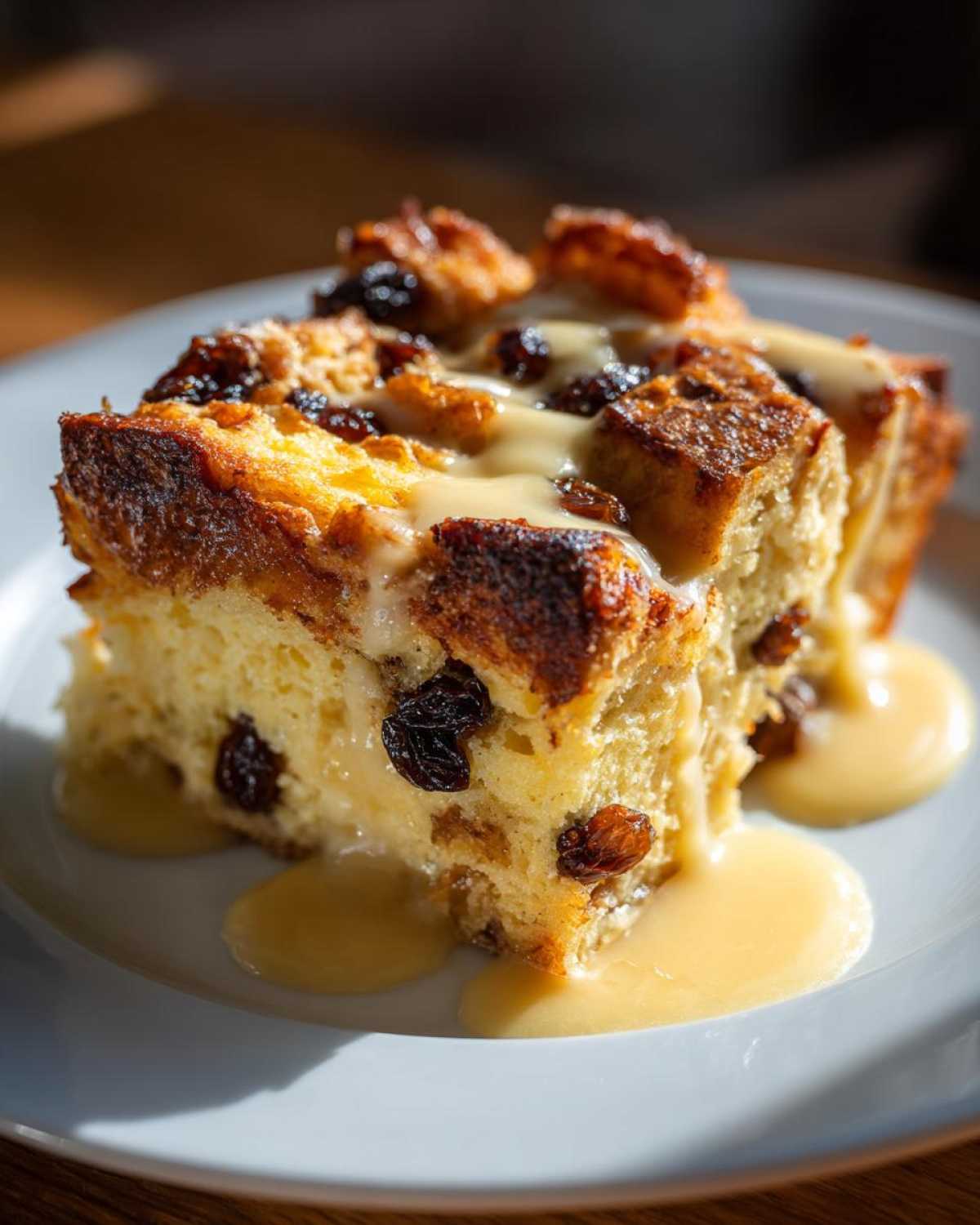 A generous slice of old-fashioned bread pudding, studded with plump raisins and drizzled with creamy custard.