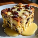 A slice of old-fashioned bread pudding generously topped with creamy custard and plump raisins.