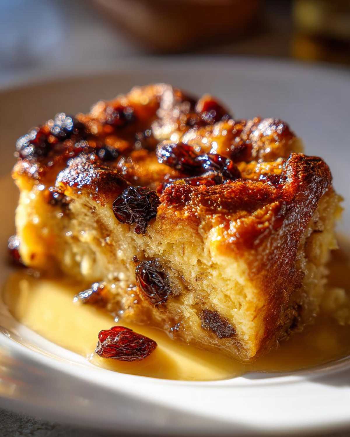 A close-up of a slice of old-fashioned bread pudding topped with plump raisins and drizzled with a golden sauce.