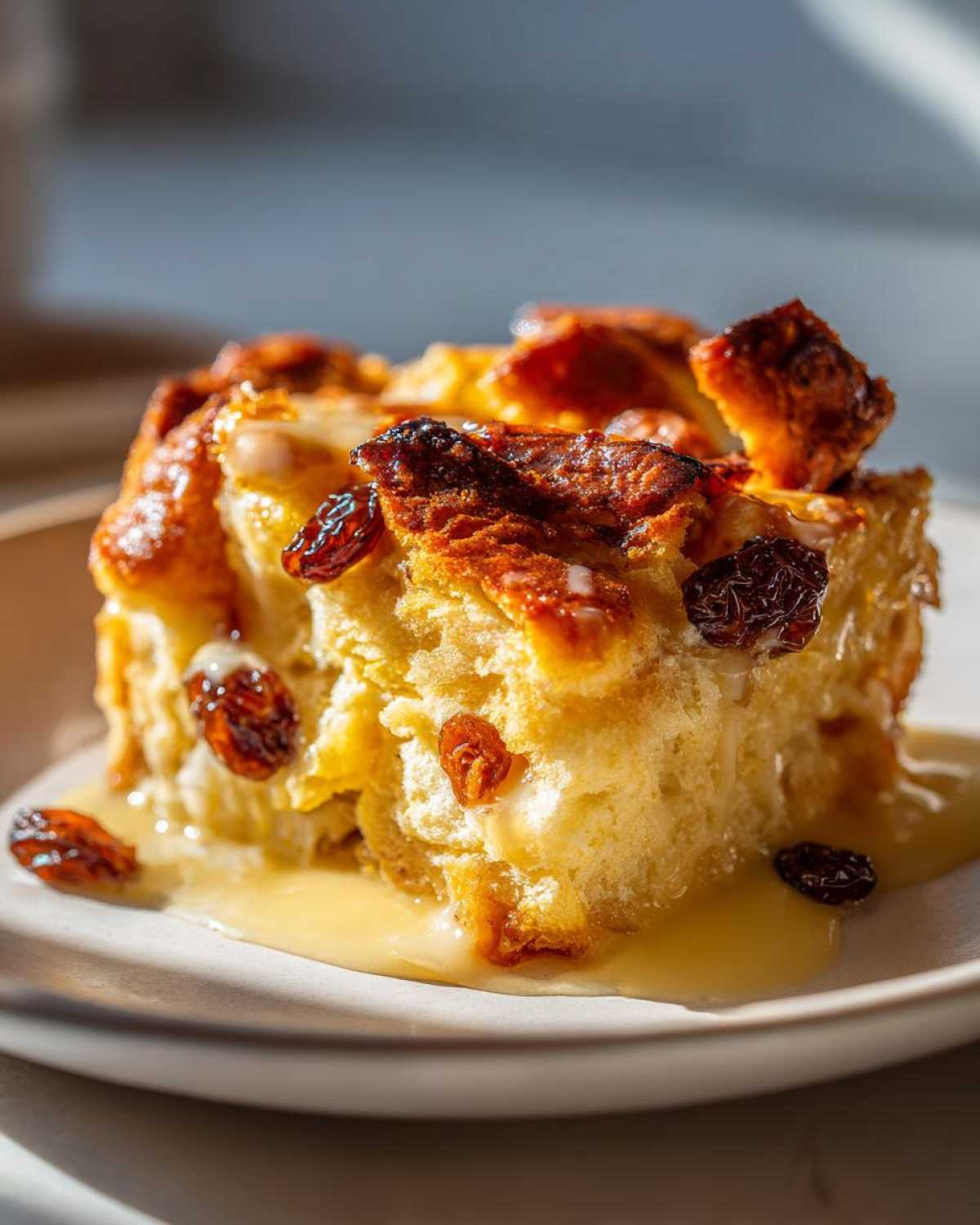 A close-up of a slice of old-fashioned bread pudding topped with raisins and drizzled with sauce.