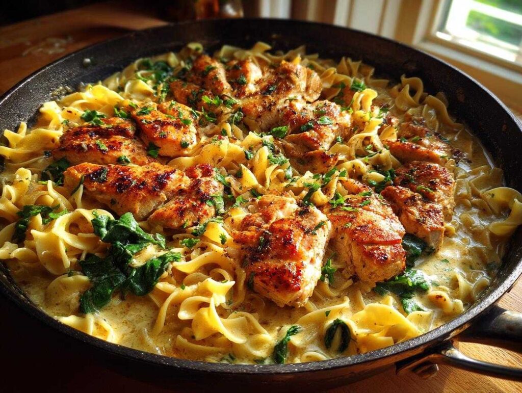 Close-up of a skillet filled with one-pan chicken and buttered noodles, garnished with parsley.