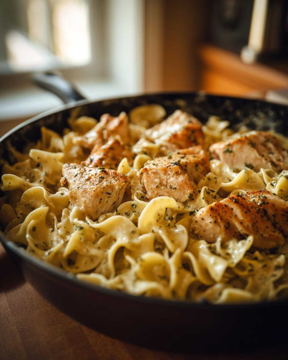 A close-up of one-pan chicken and buttered noodles in a skillet, garnished with herbs.