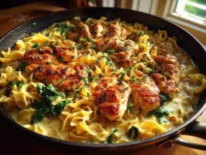 Close-up of a skillet filled with one-pan chicken and buttered noodles, garnished with parsley.