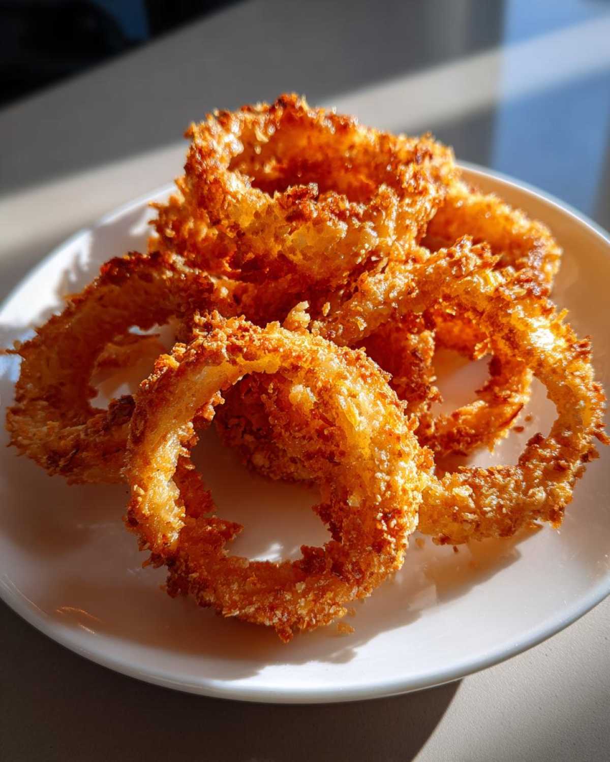 A pile of golden brown, crispy parmesan onion rings on a white plate.