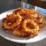 A close-up of golden brown, crispy parmesan onion crisps piled on a white plate.