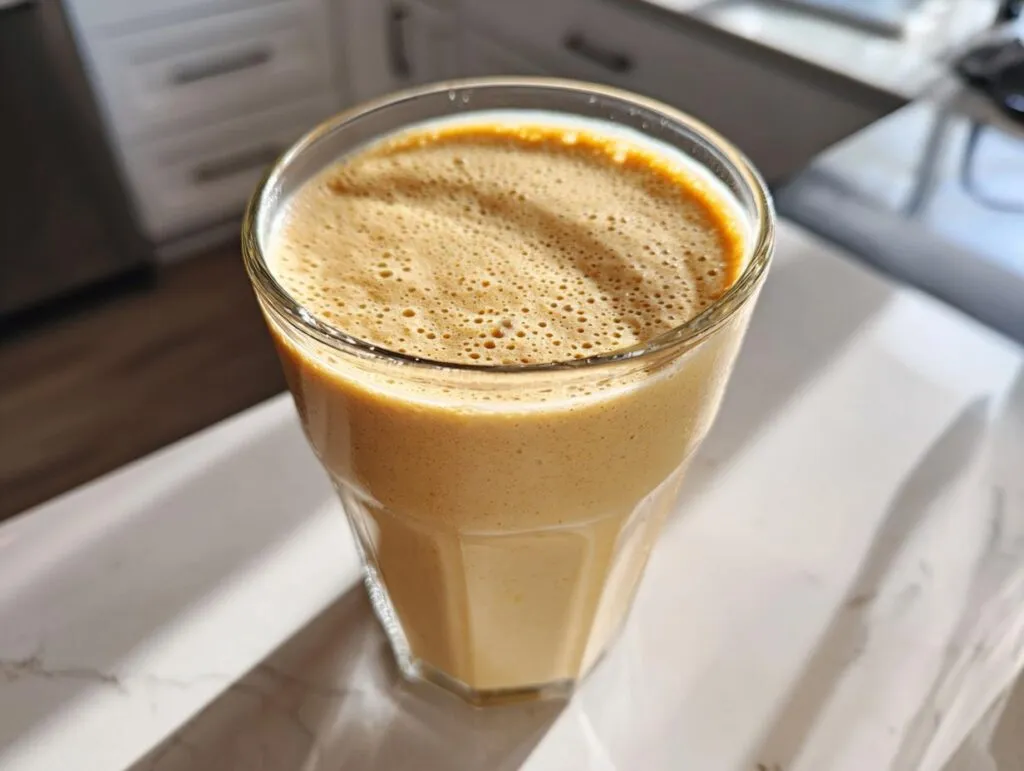 A tall glass filled with a thick, frothy peanut butter banana smoothie sitting on a bright countertop.