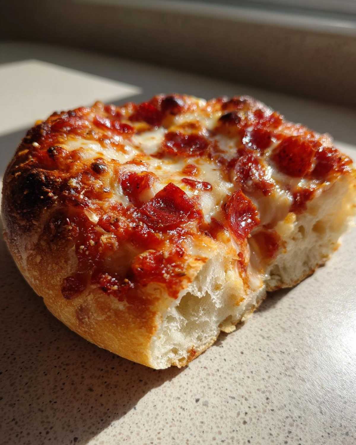 Close-up of a half-eaten pepperoni english muffin pizza showing melted cheese and crispy pepperoni on a light countertop.