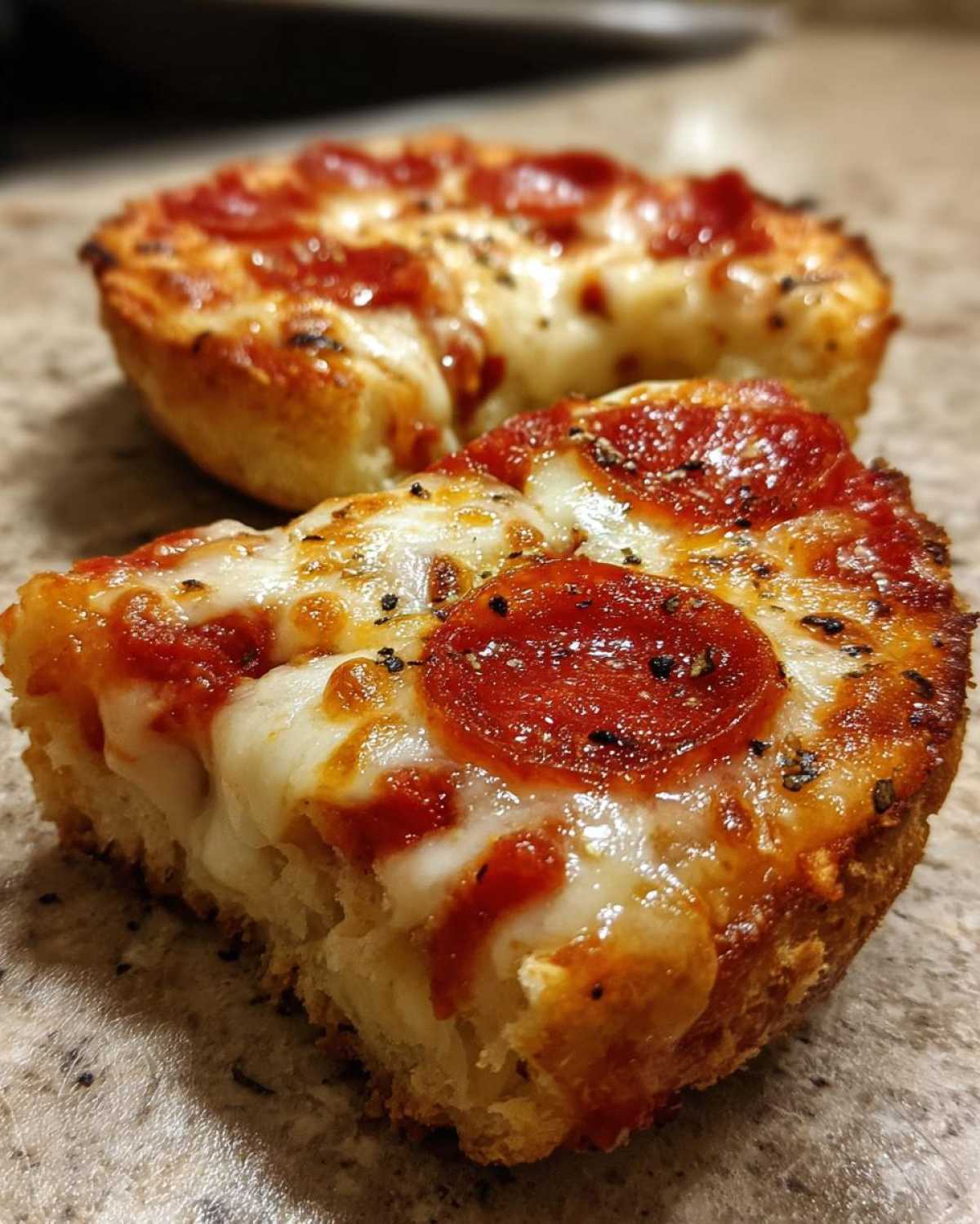 A close-up, cross-section view of a gooey pepperoni english muffin pizza slice with melted cheese.