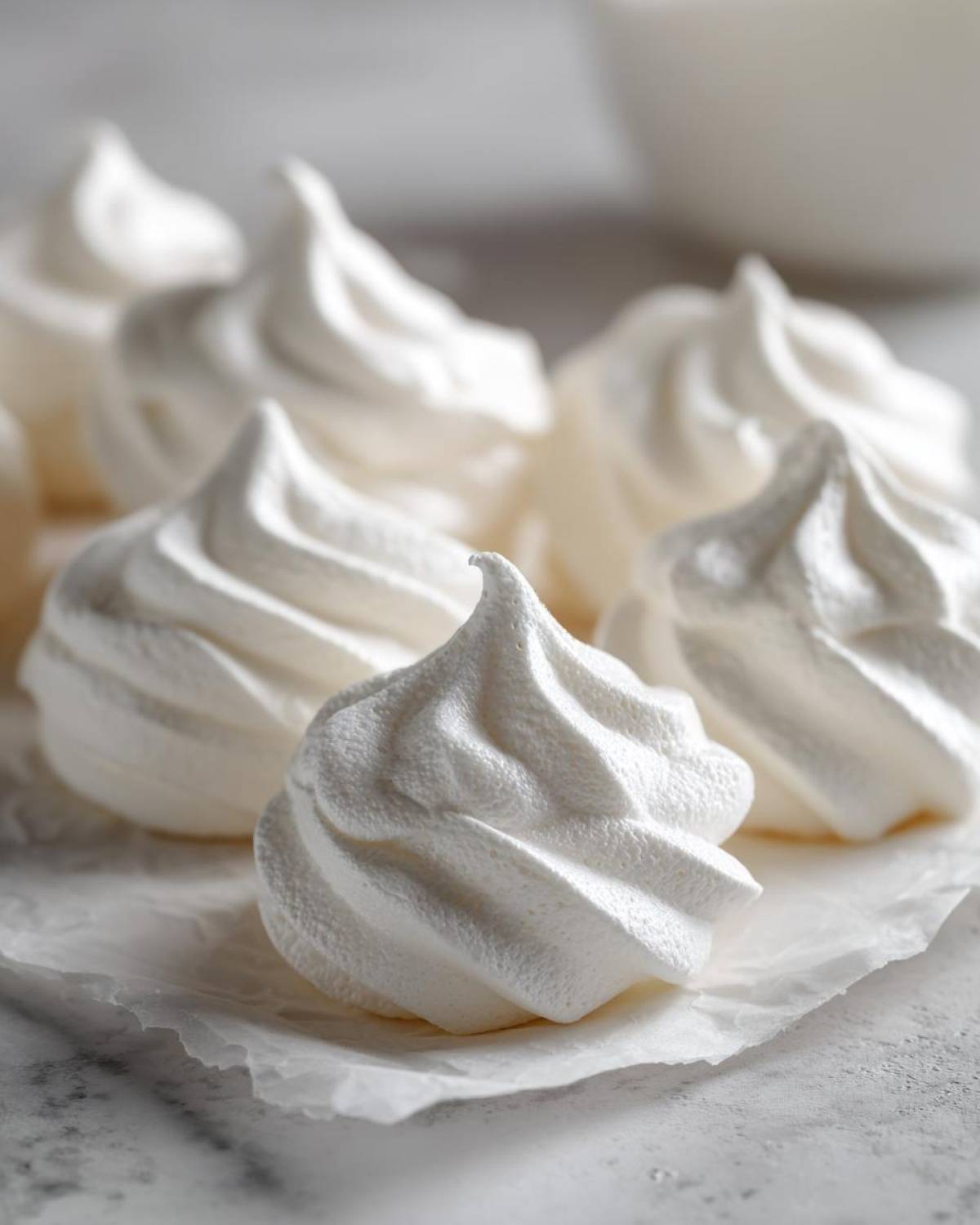 Close-up of several perfectly piped, crisp white meringue cookies resting on parchment paper.