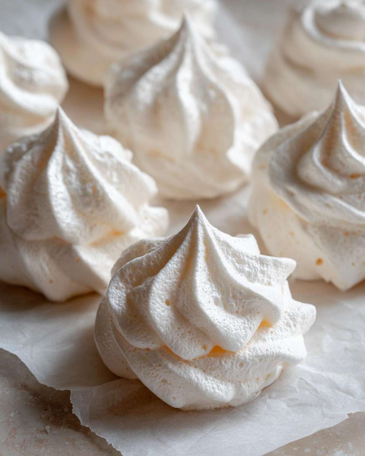 Close-up of several perfectly piped, white meringue cookies resting on parchment paper.