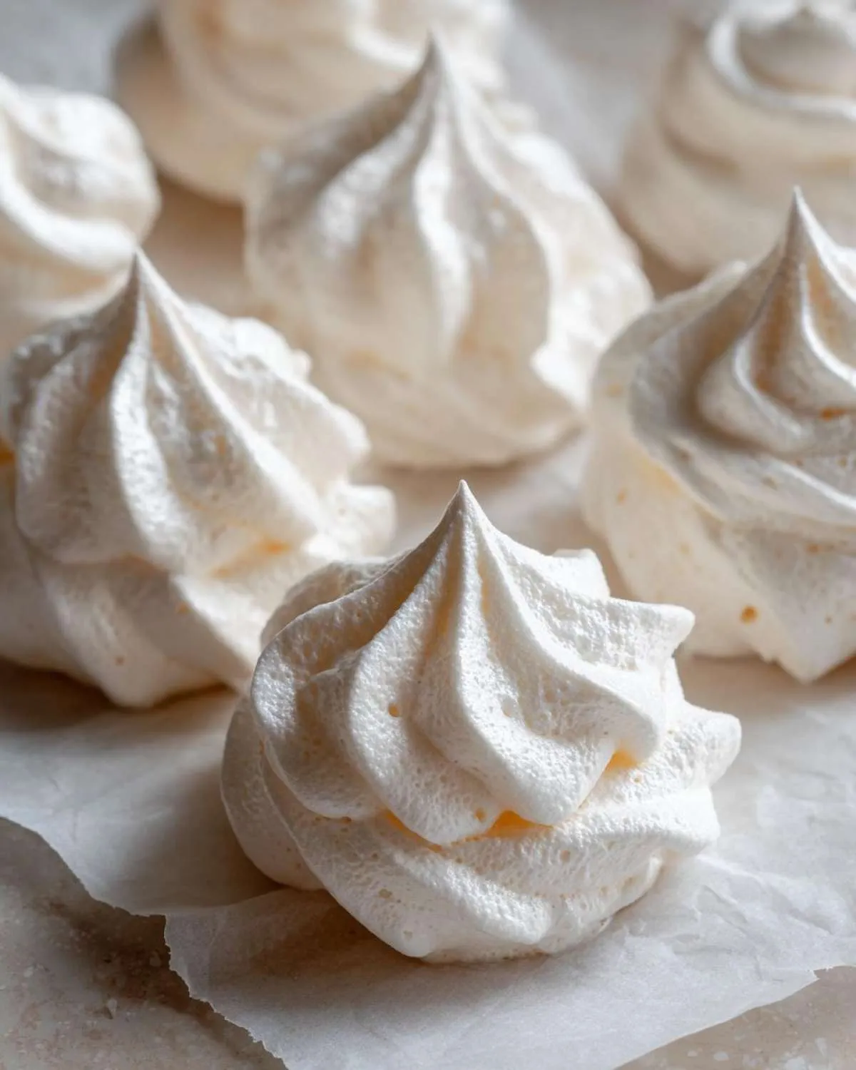 Close-up of several perfectly piped, white meringue cookies resting on parchment paper.