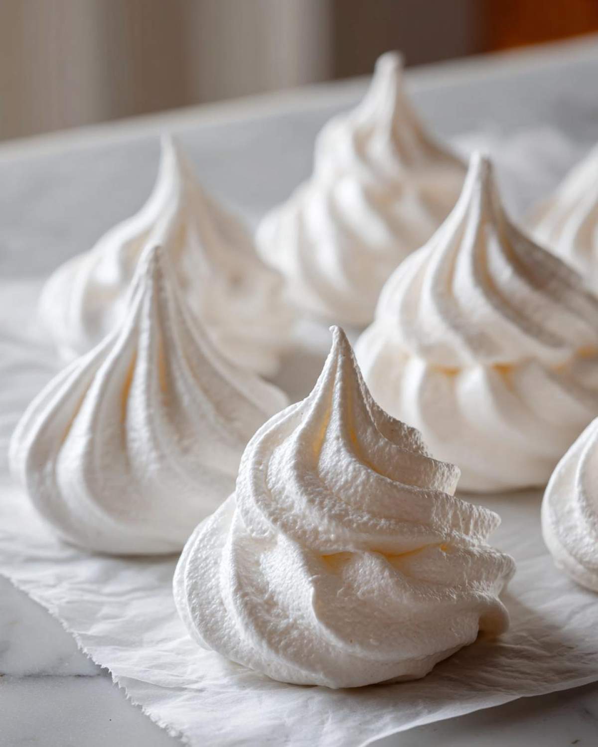 Close-up of several perfectly piped, bright white meringue cookies resting on parchment paper.