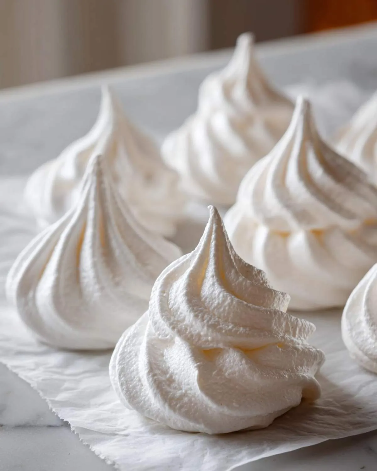 Close-up of several perfectly piped, bright white meringue cookies resting on parchment paper.