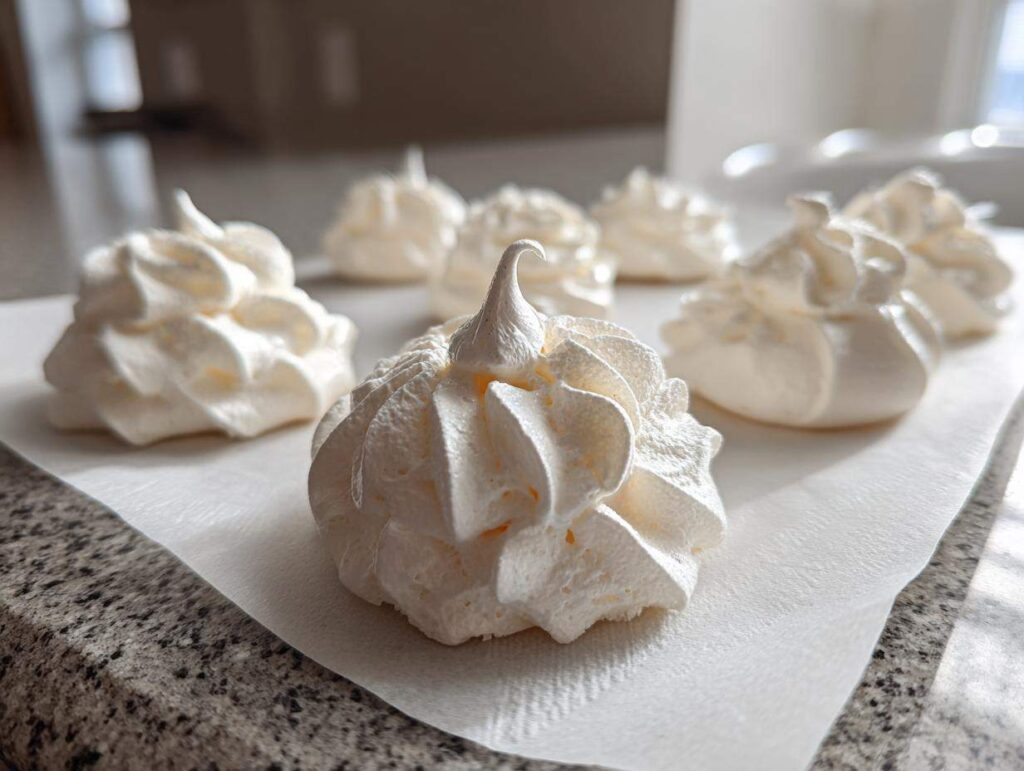 Close-up of freshly piped, white meringue cookies sitting on parchment paper on a kitchen counter.