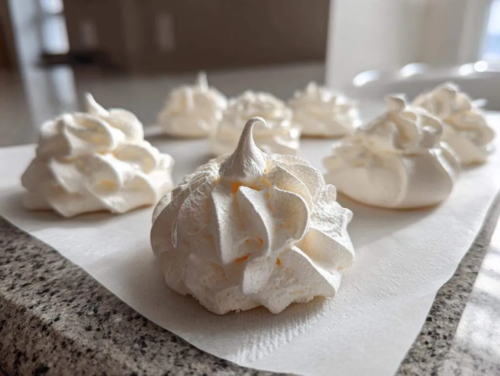 Close-up of freshly piped, white meringue cookies sitting on parchment paper on a kitchen counter.