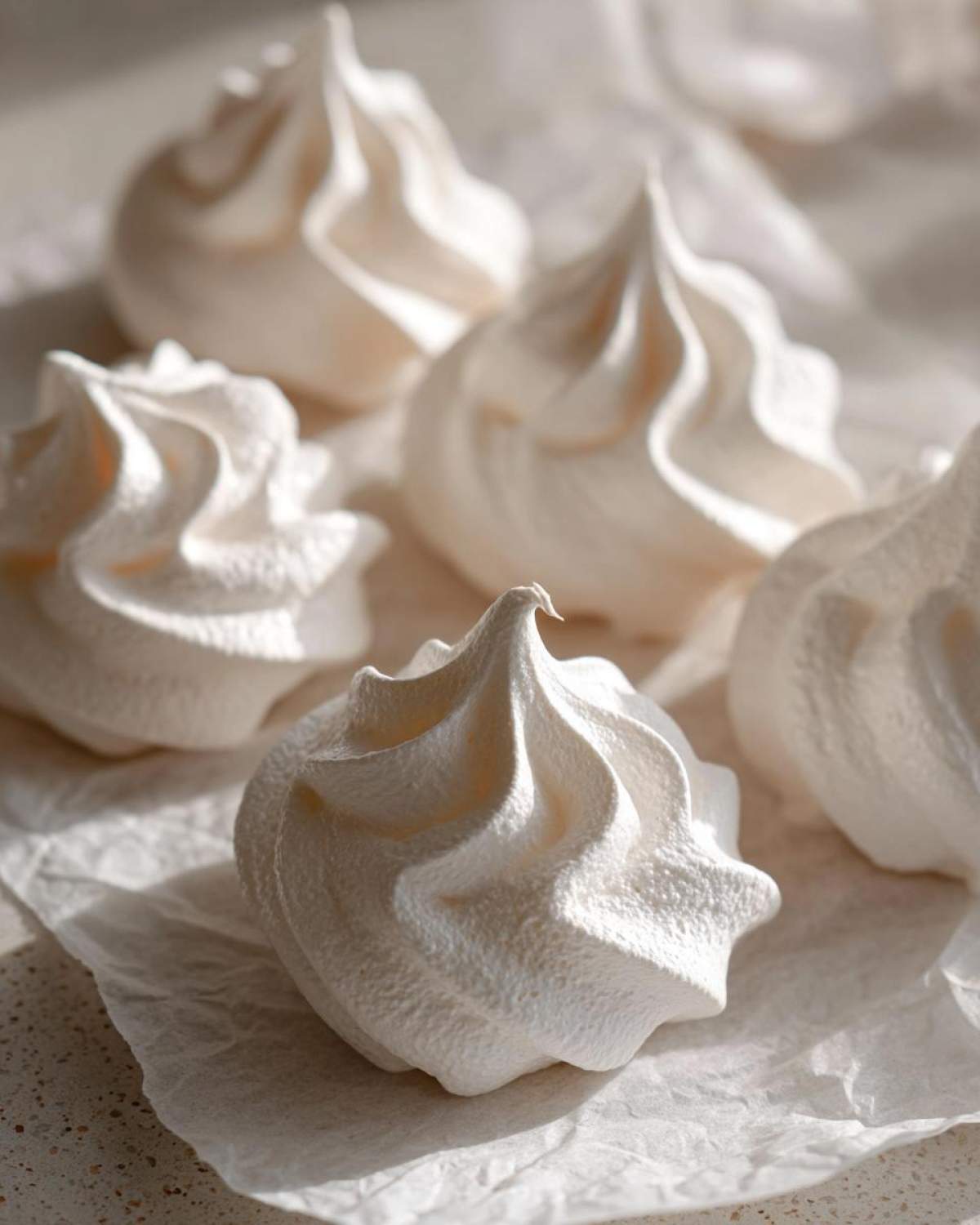Close-up of several perfectly piped, white meringue cookies resting on crumpled parchment paper.