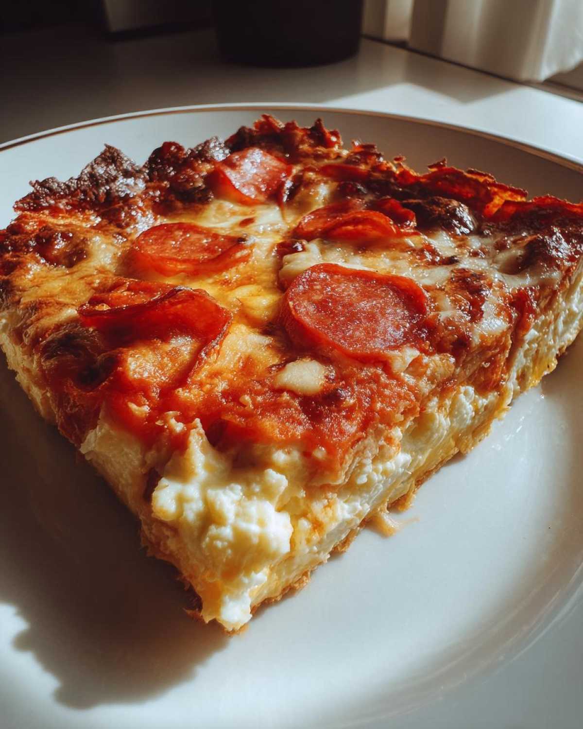 A thick slice of Pizza Cottage Cheese Bake with pepperoni, melted cheese, and a creamy cottage cheese layer.