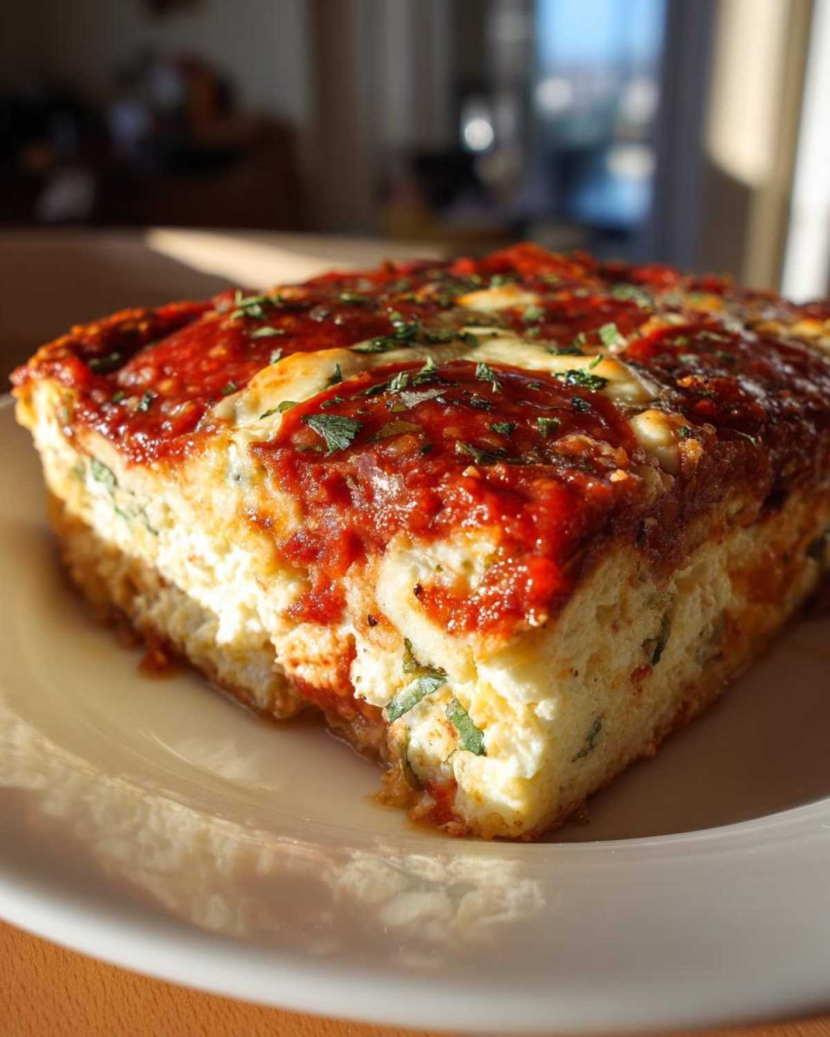 A close-up of a hearty slice of Pizza Cottage Cheese Bake, topped with marinara sauce and herbs.