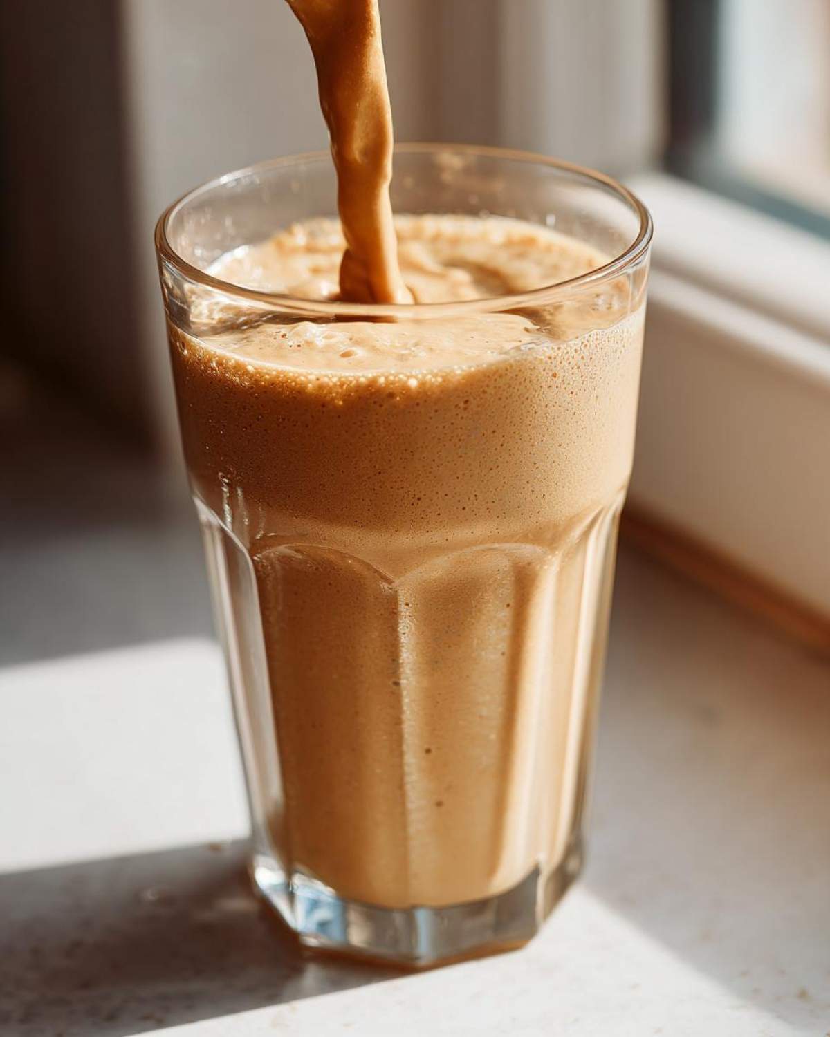 Close-up of a thick, creamy peanut butter banana smoothie being poured into a tall glass.