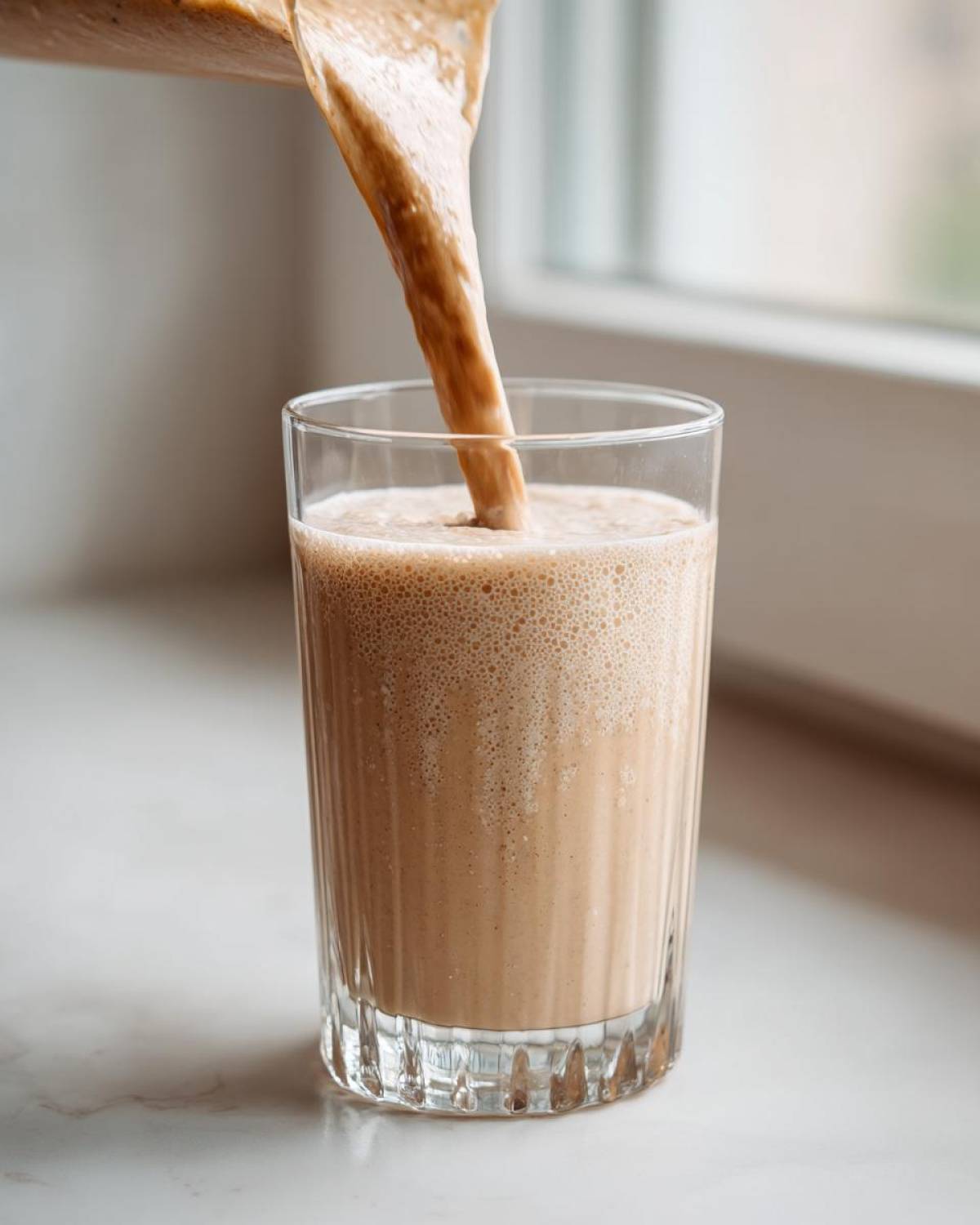 Thick peanut butter banana smoothie being poured from a blender into a tall, textured glass.