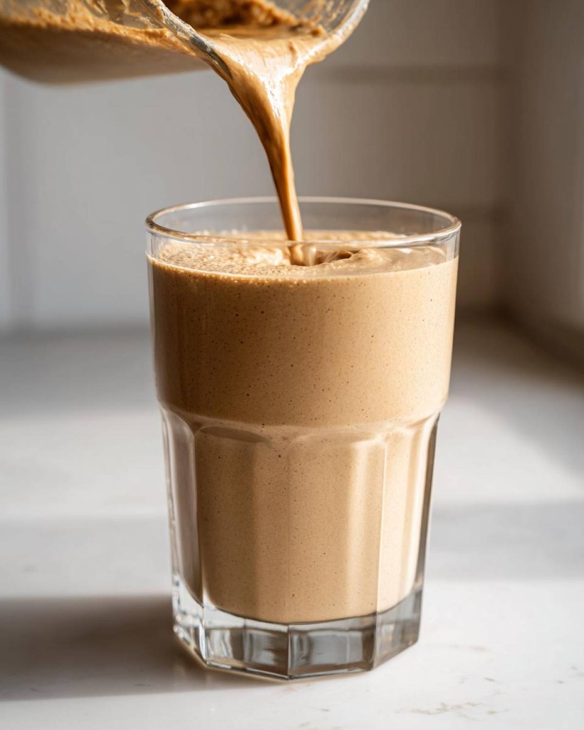 Thick, creamy peanut butter banana smoothie being poured from a blender into a tall glass.