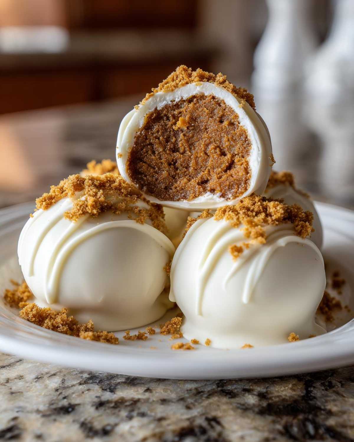 A stack of white chocolate covered pumpkin cheesecake truffles, one cut in half to show the rich pumpkin filling and crushed cookie topping.