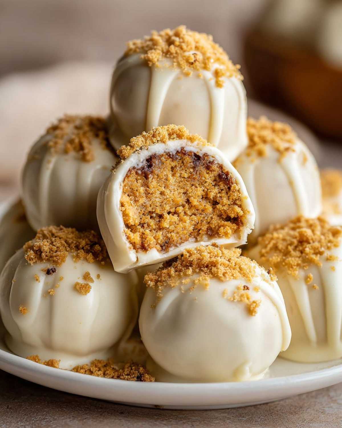 A close-up of white chocolate covered pumpkin cheesecake truffles, one cut in half to show the creamy pumpkin filling and graham cracker crumble.