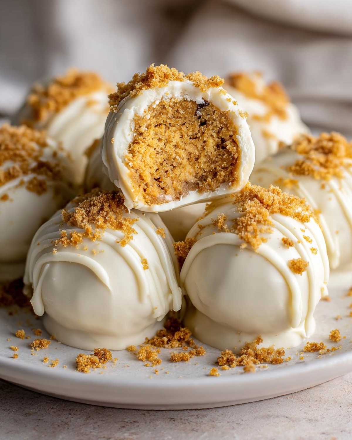 A close-up of white chocolate pumpkin cheesecake truffles, one cut in half to show the creamy pumpkin filling and graham cracker crumble.