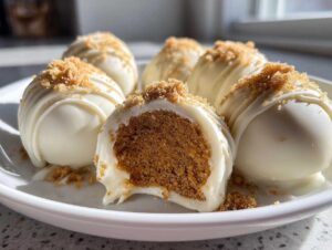 Close-up of white chocolate pumpkin cheesecake truffles, one cut in half to reveal the spiced pumpkin filling and graham cracker crumble.