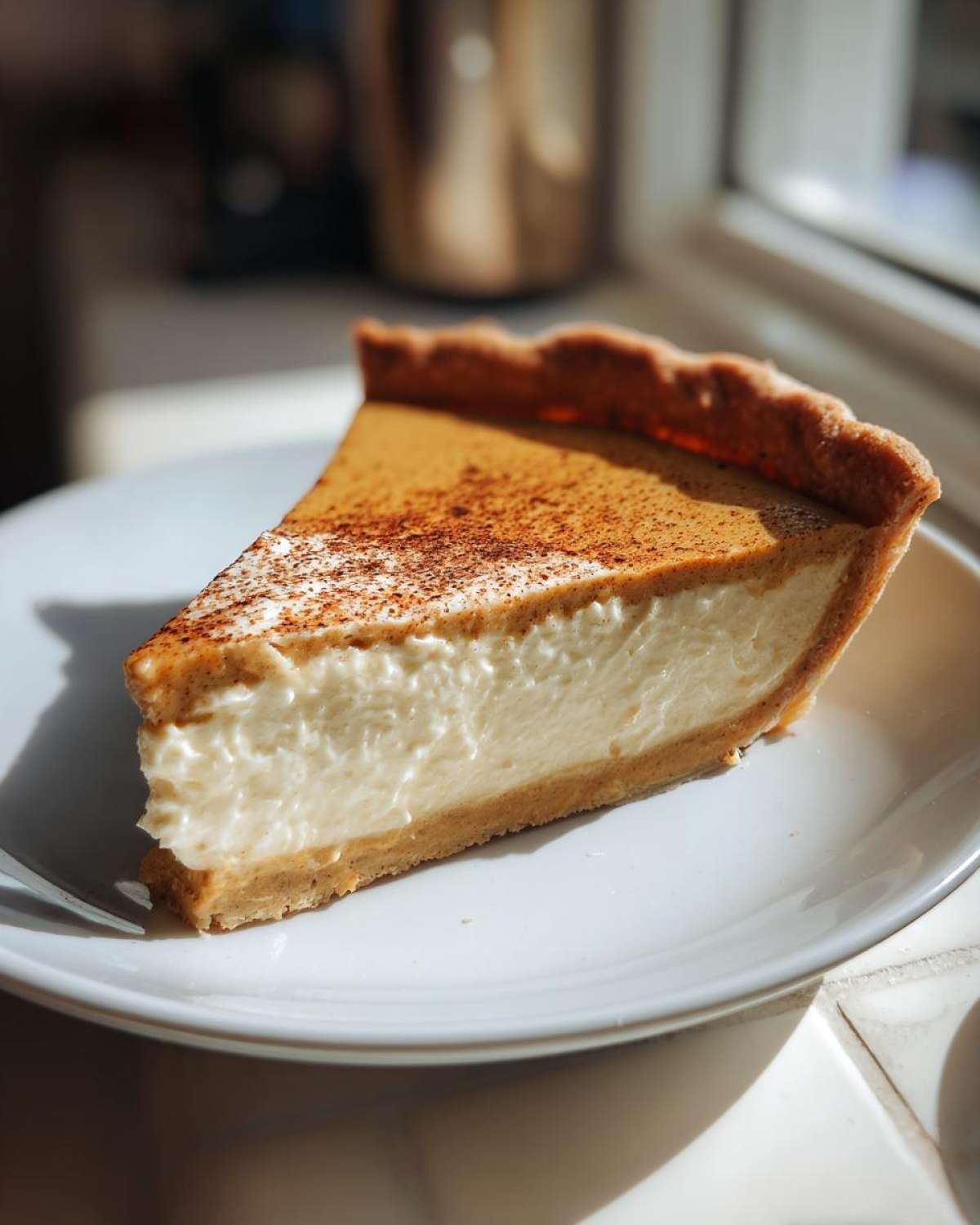 A generous slice of creamy pumpkin mascarpone pie, dusted with cinnamon, on a white plate.