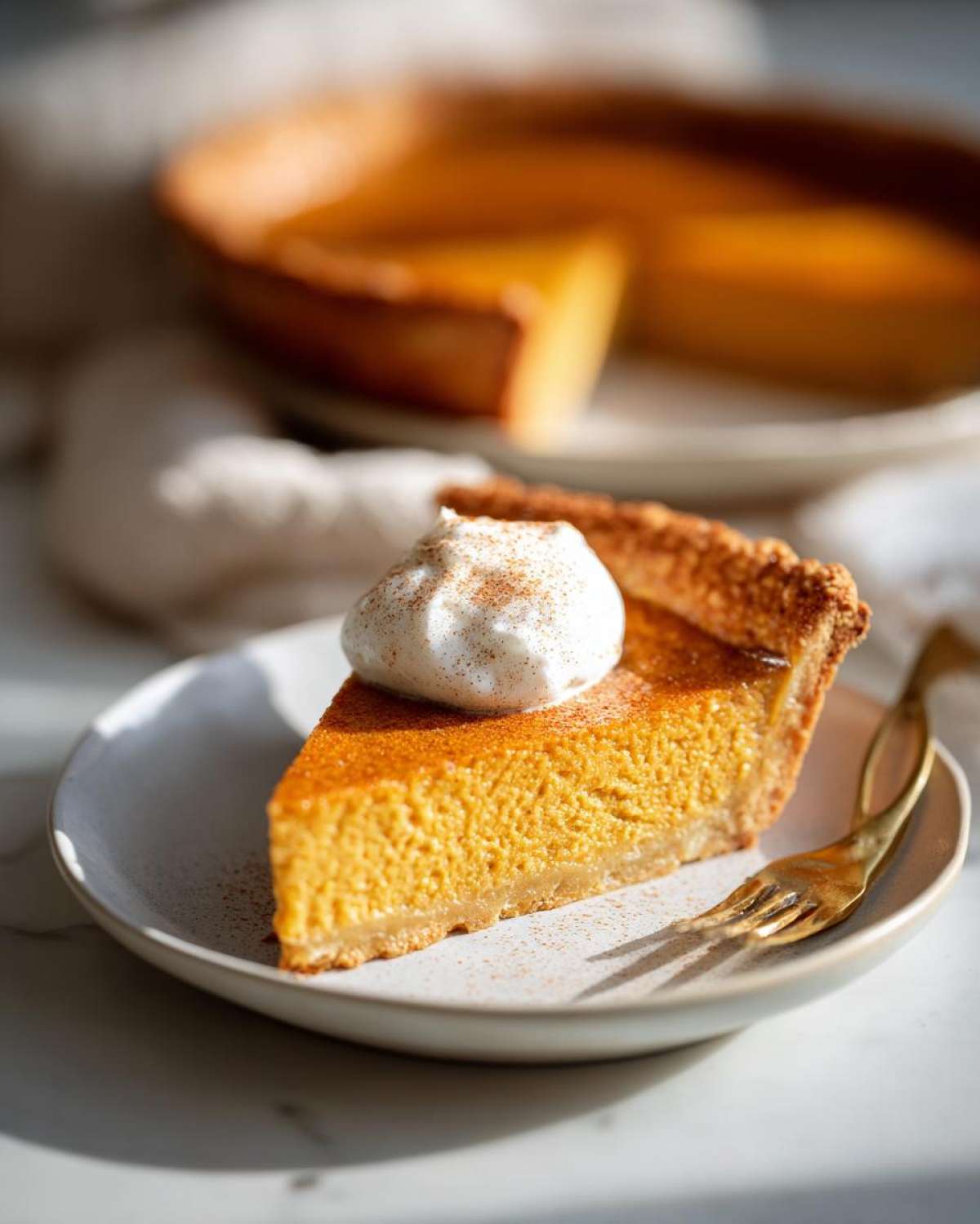 A slice of creamy pumpkin mascarpone pie topped with whipped cream and cinnamon, with the rest of the pie in the background.
