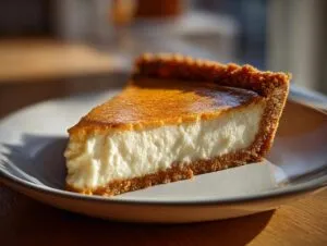 A close-up of a slice of creamy pumpkin mascarpone pie on a white plate, showcasing its rich filling and golden crust.
