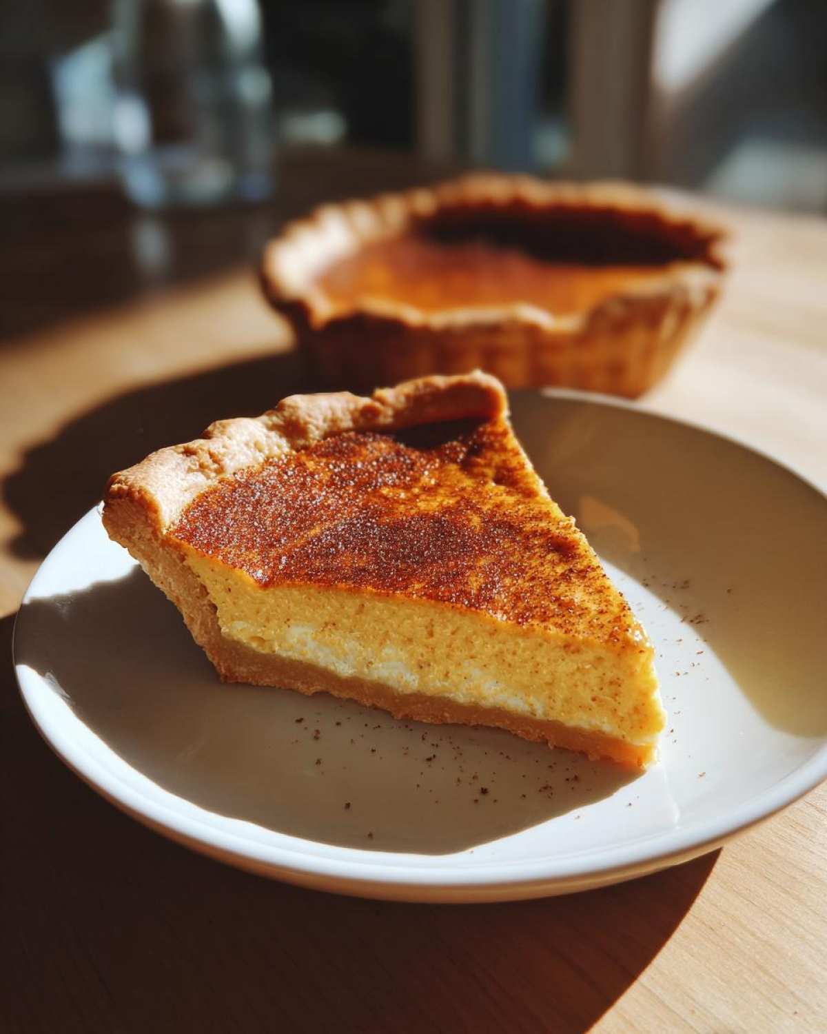 A slice of creamy Pumpkin Mascarpone Pie with a golden crust, dusted with cinnamon.
