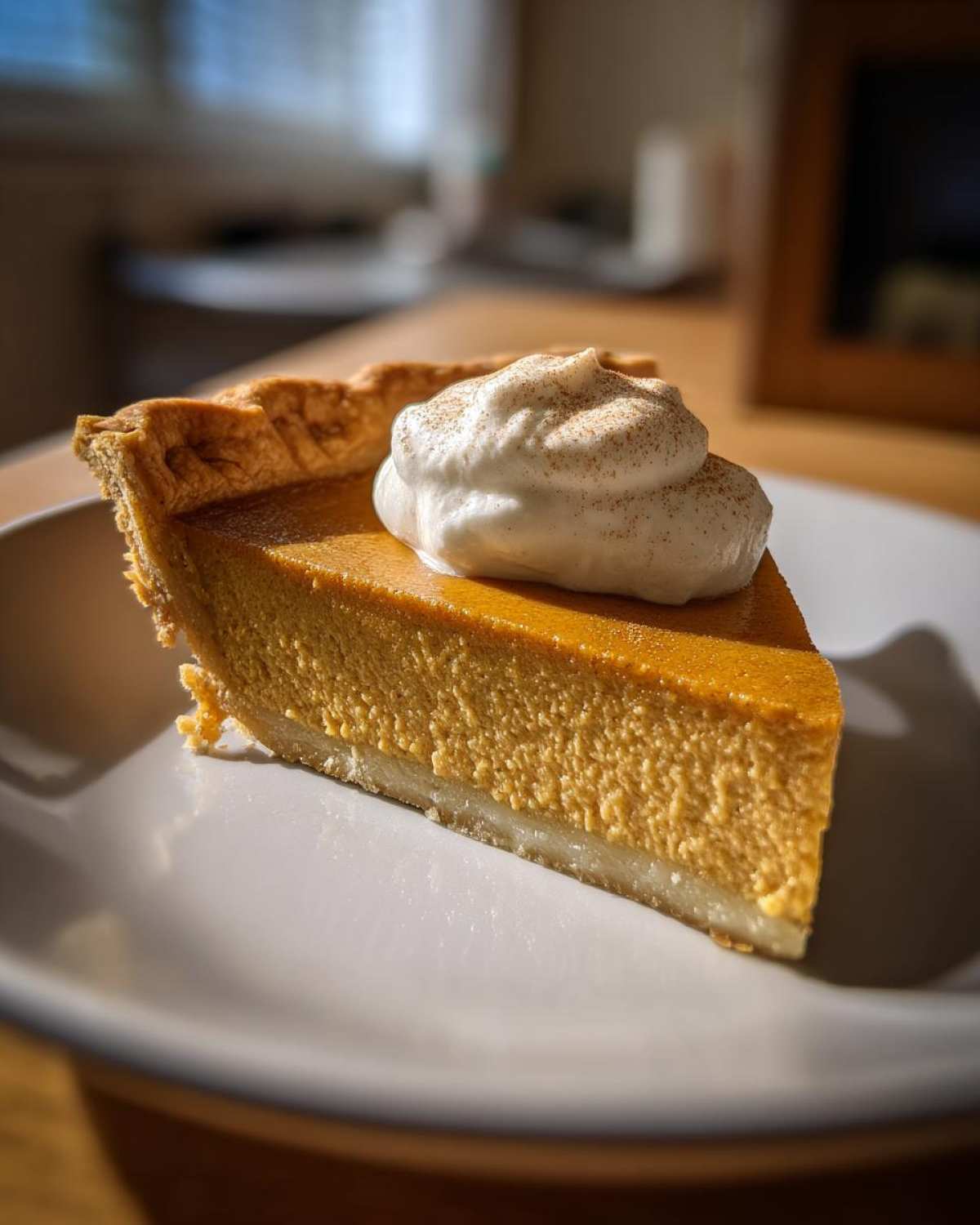 A delicious slice of creamy Pumpkin Mascarpone Pie topped with whipped cream and a sprinkle of cinnamon.