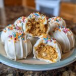 A plate of delicious Pumpkin Oreo balls, some whole and some cut in half, showing the creamy pumpkin filling and topped with colorful sprinkles.