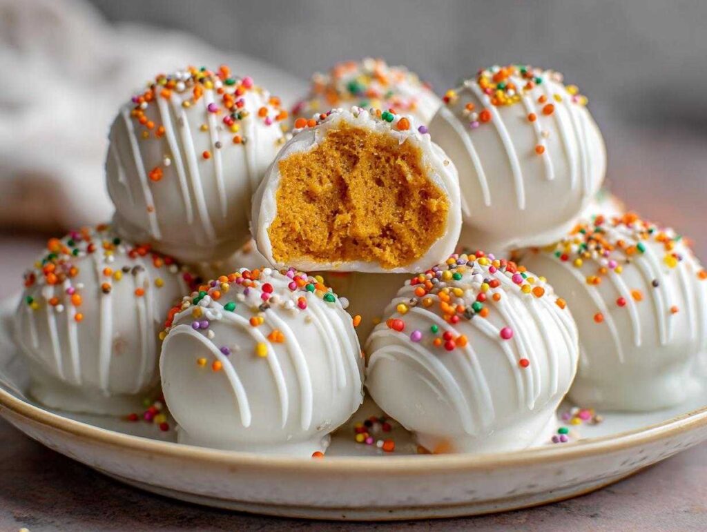 A close-up of several Pumpkin Oreo Balls, coated in white chocolate and decorated with colorful sprinkles. One ball is broken in half to show the pumpkin filling.