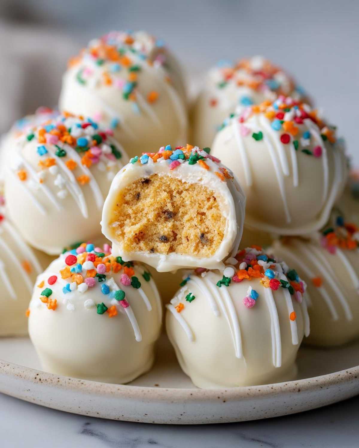 A close-up of a stack of white chocolate covered Pumpkin Oreo balls, one is broken in half showing the cookie crumb interior and colorful sprinkles.