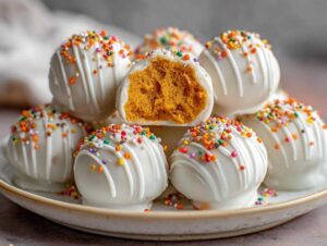 A close-up of several Pumpkin Oreo Balls, coated in white chocolate and decorated with colorful sprinkles. One ball is broken in half to show the pumpkin filling.