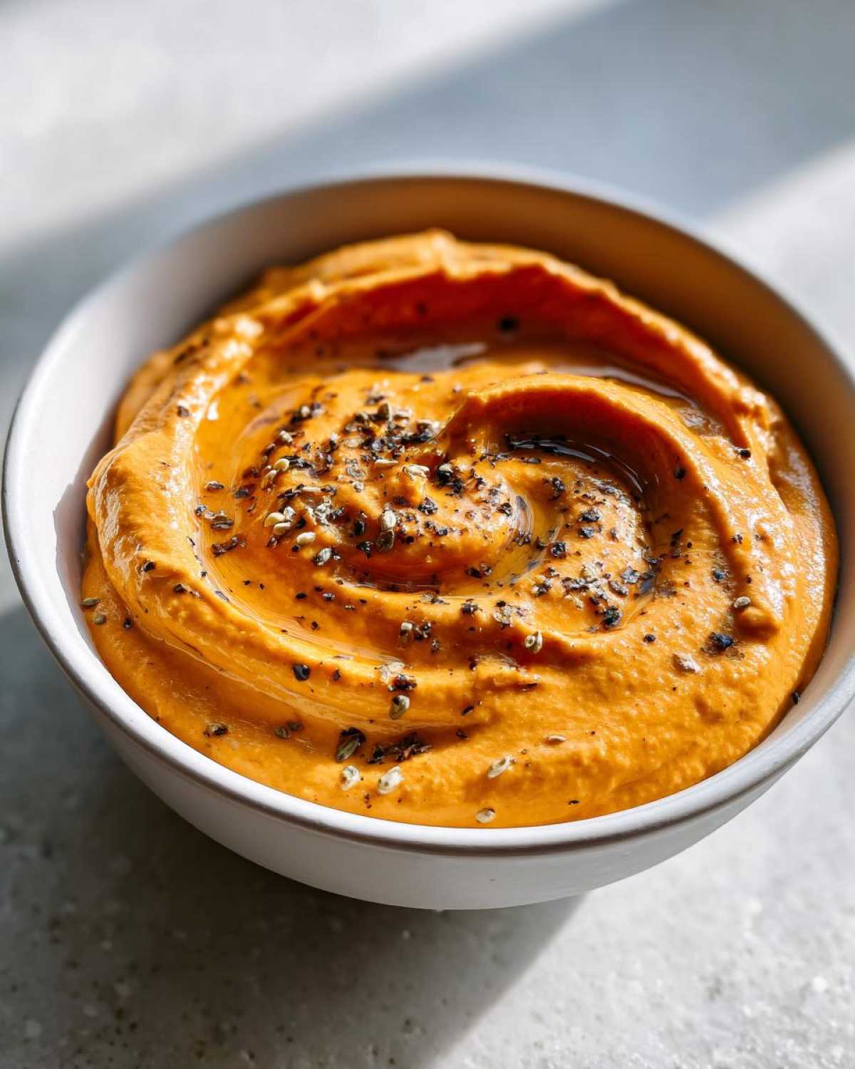 Close-up of a bowl of creamy Pumpkin Whipped Feta Dip, swirled and topped with cracked black pepper.